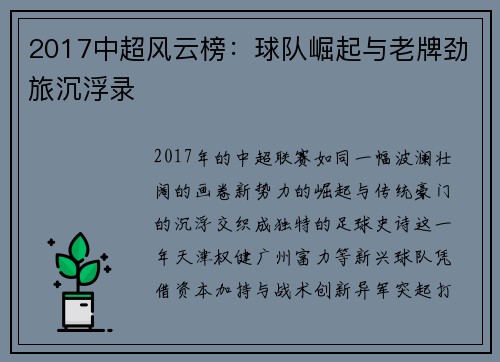2017中超风云榜：球队崛起与老牌劲旅沉浮录